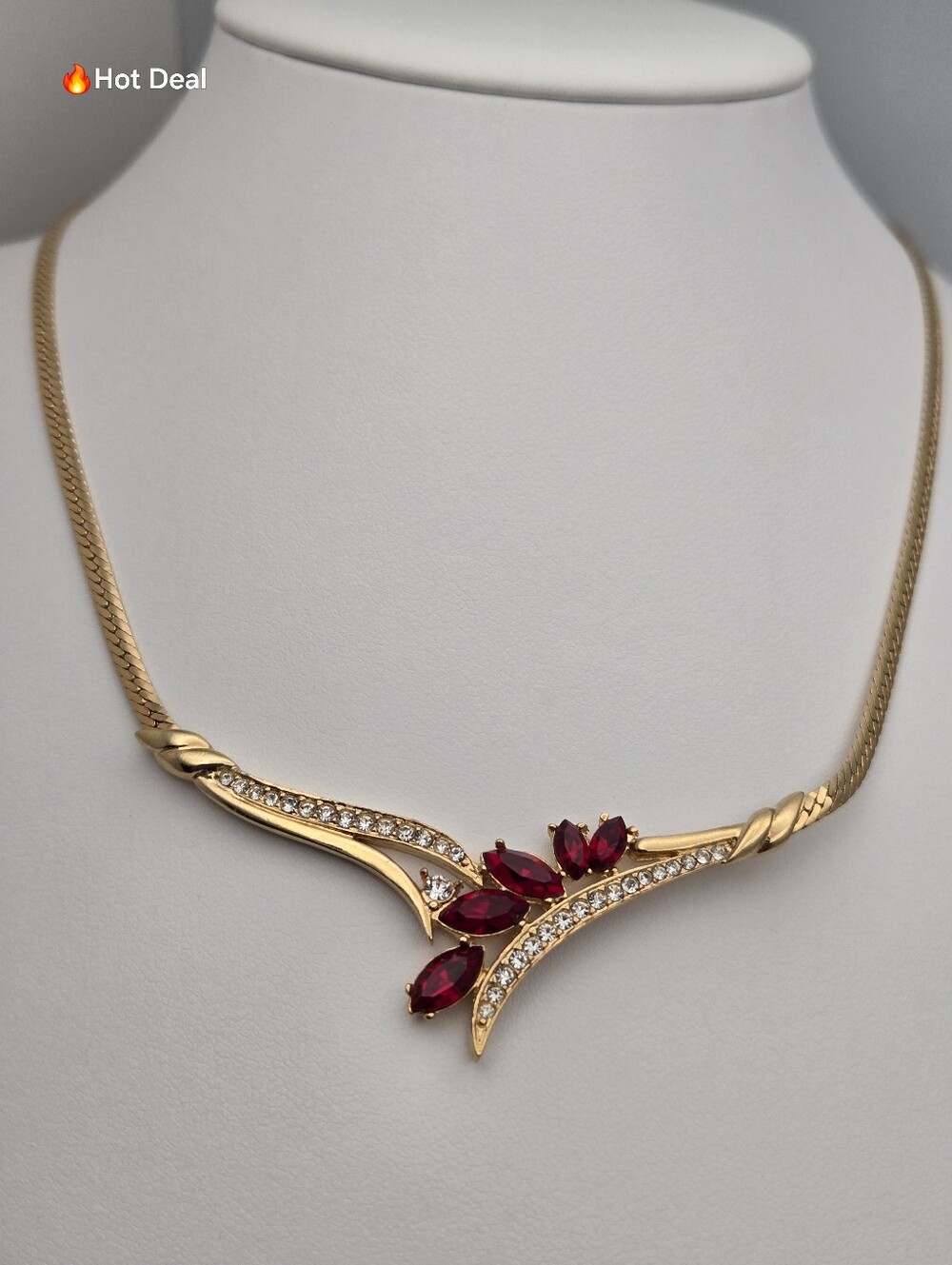 Vendome Ruby Red Marquise Rhinestone Pavé Crystal Collar Necklace 17.5" Vintage